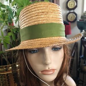 Vintage Tan Straw Hat w Chartreuse Green Band